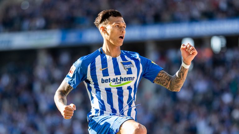 David Selke celebrates his equaliser in Hertha Berlin's draw against Augsburg