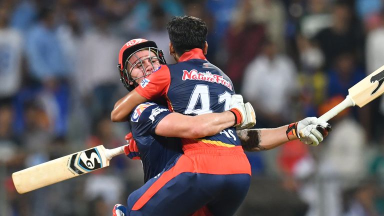 Roy and Shreyas Iyer celebrate Delhi's win over Mumbai in the IPL (Credit: AFP)