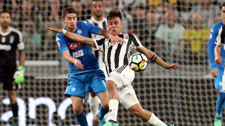 Jorginho and Paulo Dybala tussle during Napoli's win at Juventus