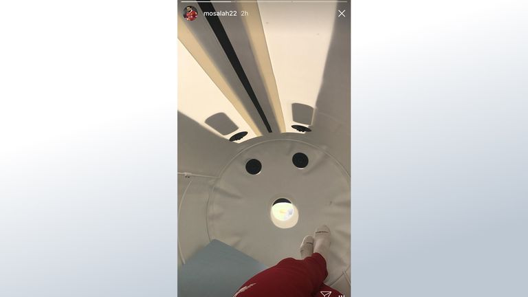 Mohamed Salah posted this image of himself inside a hyperbaric chamber to his Instagram story (mosalah22)