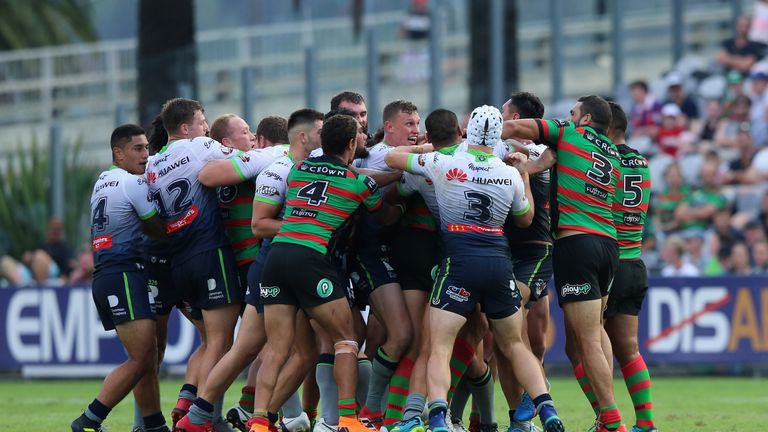 Dangerous contact from A Elliot Whitehead on England teammate Tom Burgess between Rabbitohs and Raiders players