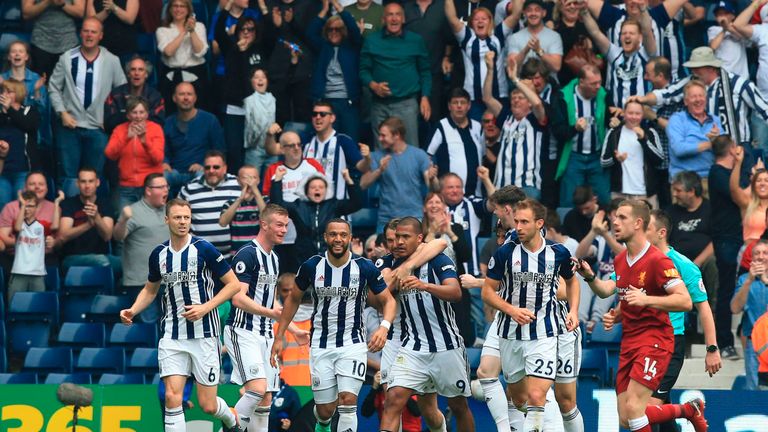 Salomon Rondon is congratulated after his header secured a draw with Liverpool