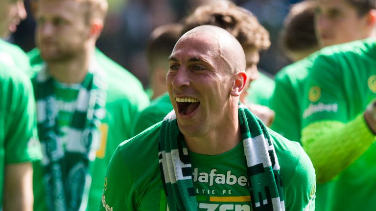 Scott Brown celebrates Celtic's title win last Sunday. He later picked up the PFA Scotland Player of the Year for the 2017/18 season