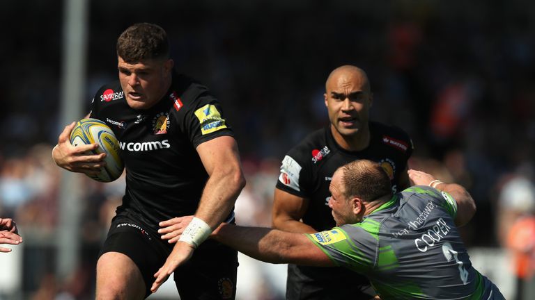 The Exeter Chief en route to scoring his first Premiership try of the season