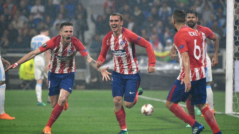Antoine Griezmann celebrates after scoring twice in the Europa League final
