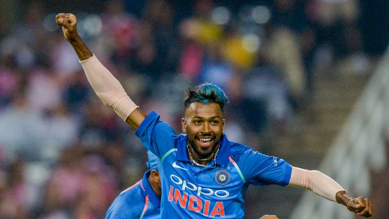 Hardik Pandya celebrates taking a wicket for India