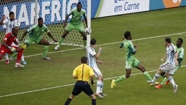 Messi scoring for Argentina against Nigeria in 2014