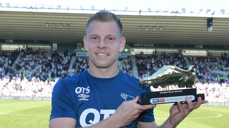 Derby County's Matej Vydra receives the Sky Bet Championship Golden Boot award
