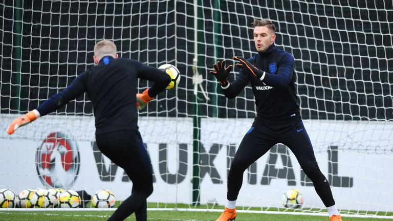 Pickford (left) with Butland (right) in England training