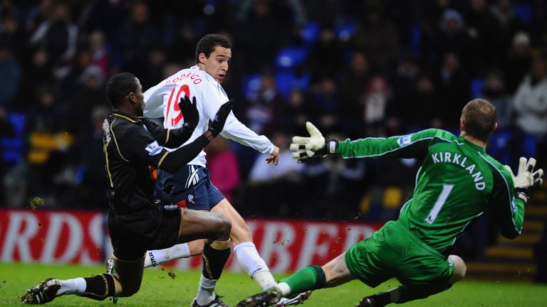 A young Rodrigo scores for Bolton against Wigan in January 2011