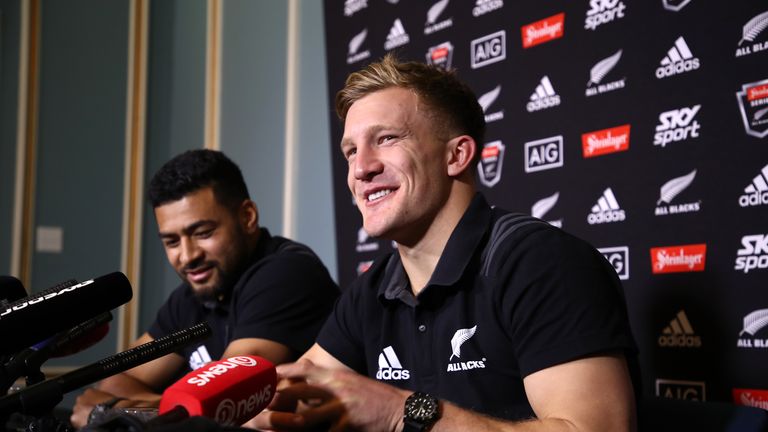 Richie Mo'unga and Damian McKenzie address the media during the All Blacks' June series against France