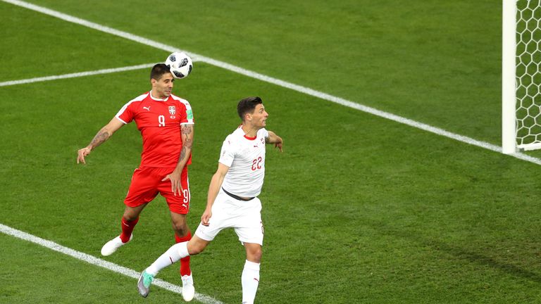 Alexandar Mitrovic scores Serbia's first goal against Switzerland