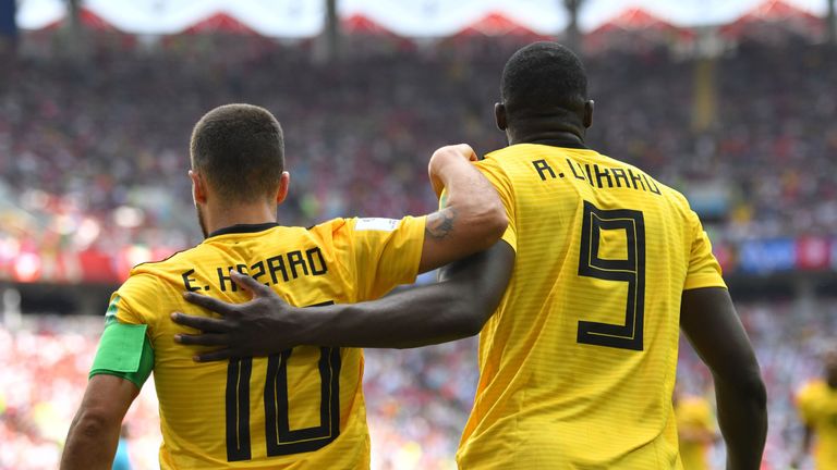 Eden Hazard celebrates his second and Belgium's fourth goal with Romelu Lukaku