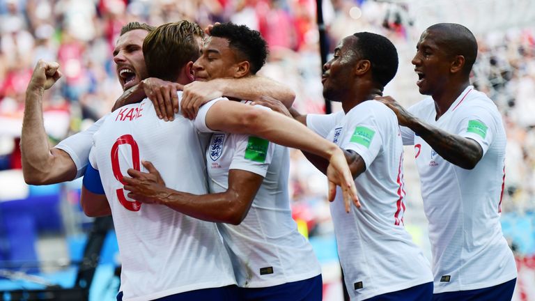 England celebrate a sixth goal, wrapping up Kane's hat-trick