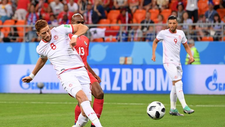 Fakhreddine Ben Youssef of Tunisia scores his team's first goal to level the match 1-1