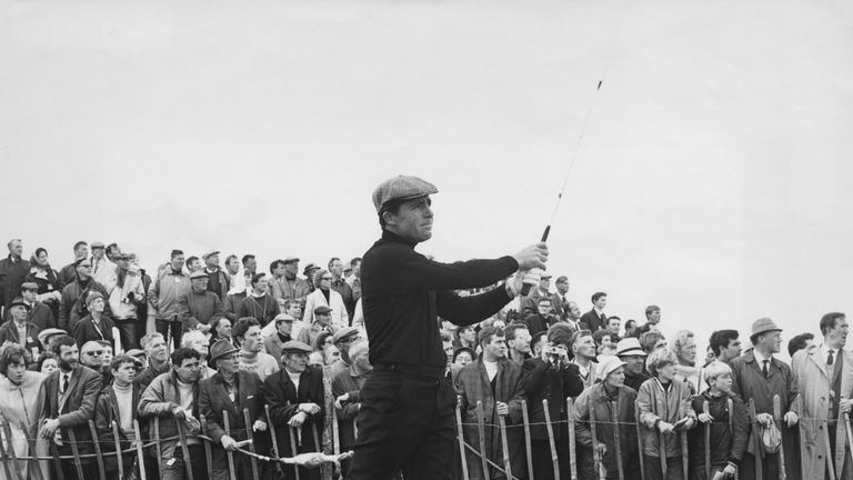 Player hitting off the tee at the 18th at Carnoustie