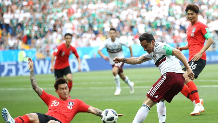 Hyun-Soo Jang concedes the penalty that Vela scored for Mexico