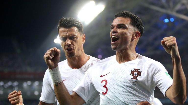 Pepe celebrates his equaliser against Uruguay