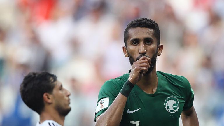 Salman Al-Faraj celebrates after scoring Saudi Arabia's equaliser from the penalty spot