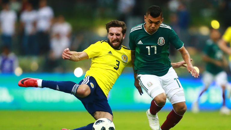 Scotland's Graeme Shinnie challenges Jesus Corona