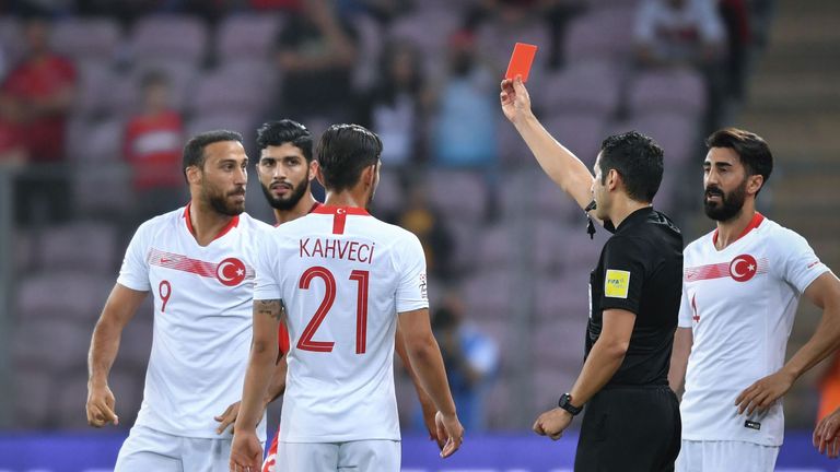 Everton striker Cenk Tosun was sent off for Turkey against Tunisia minutes after scoring a penalty