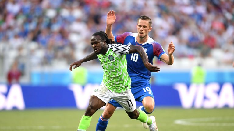 Victor Moses and Gylfi Sigurdsson in action at the Volgograd Arena