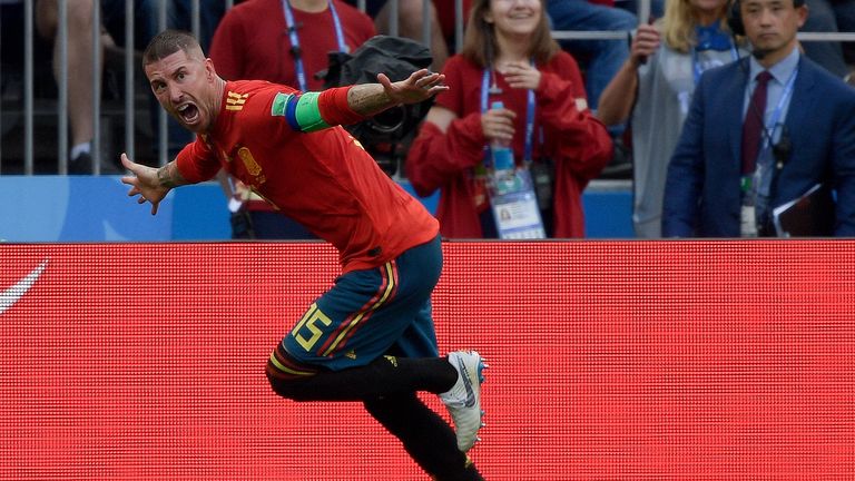 Sergio Ramos celebrates after Spain open the scoring against Russia
