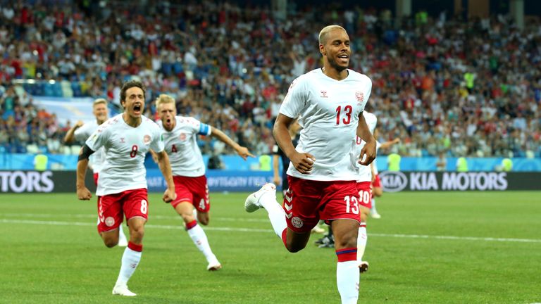 Mathias Jorgensen celebrates after putting Denmark 1-0 up against Croatia