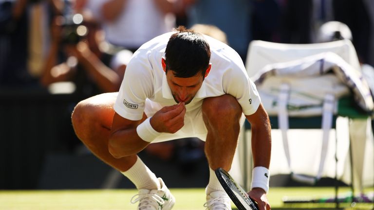 Djokovic enjoyed a "double portion" of Centre Court grass, his now-traditional post-match treat