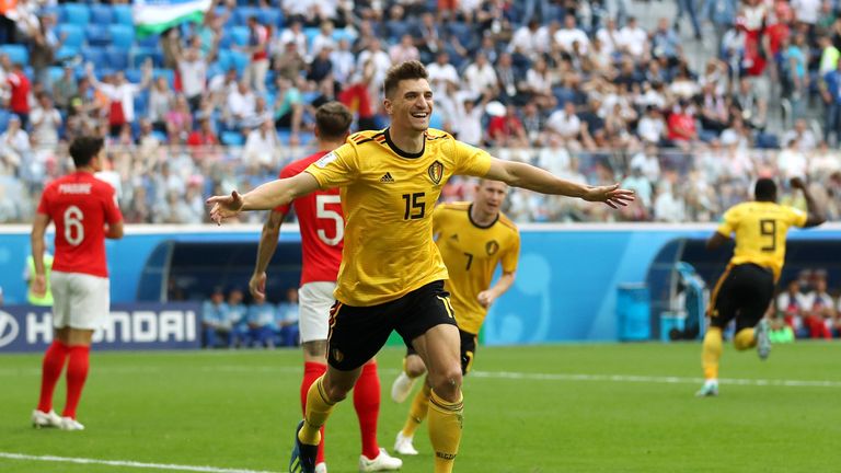 Thomas Meunier celebrates putting Belgium ahead against England