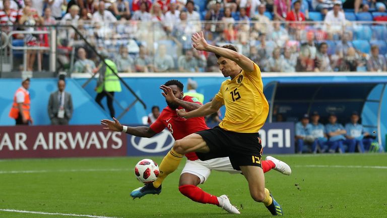 Meunier beats Danny Rose to the ball to put Belgium ahead