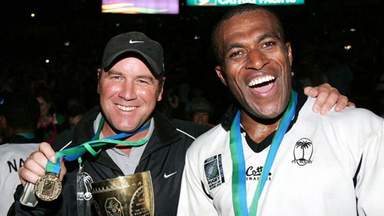 Pivac and Sireli Bobo after 2005 Rugby World Cup Sevens success