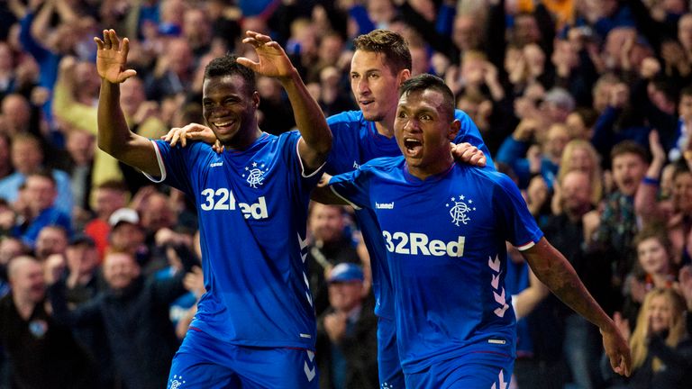 Alfredo Morelos (right) celebrates during Rangers' 3-1 win over Maribor on Thursday night
