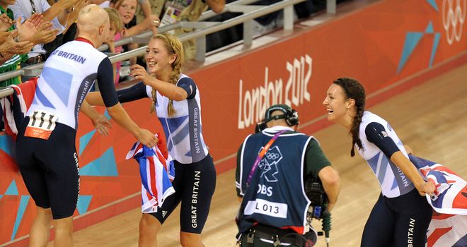 King celebrates winning Olympic gold with Laura Trott  and Joanna Rowsell (r-l)  