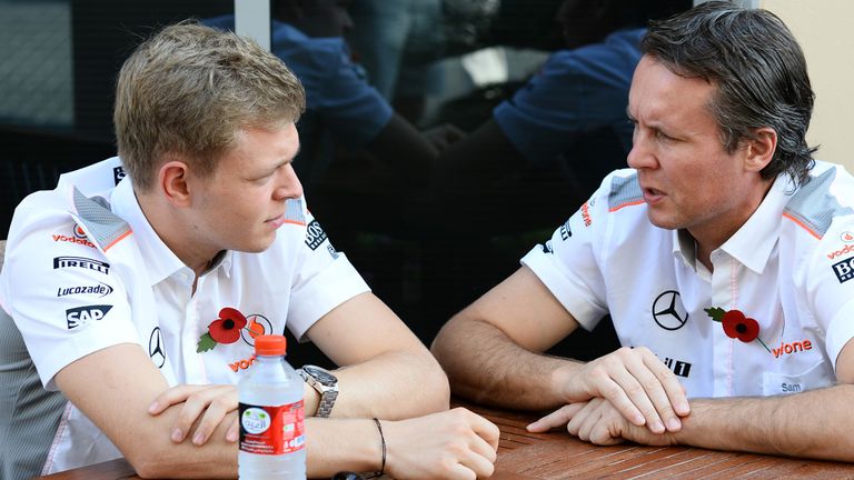 Kevin Magnussen with McLaren&#39;s Sporting Director Sam Michael in the Indian GP paddock