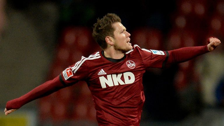 Daniel Ginczek of Nuernberg celebrates in style