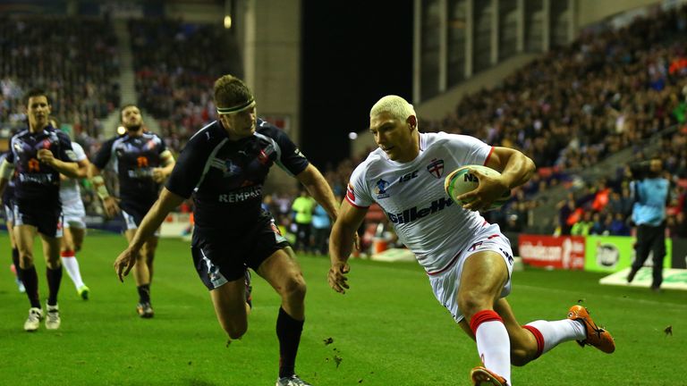 Ryan Hall: Races in to to score his second try for England