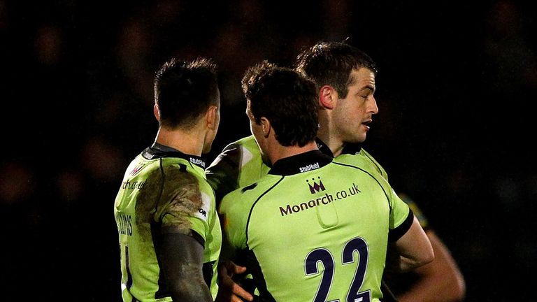Stephen Myler is congratulated by team-mates after kicking the match-winning penalty