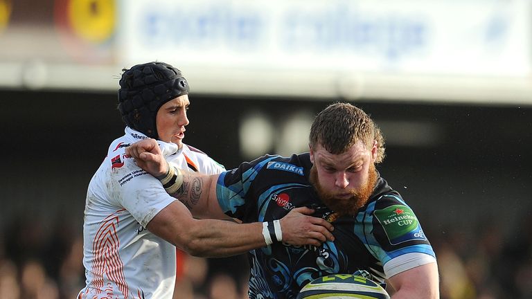 Exeter&#39;s Lloyd Fairbrother is tackled by Matthew Morgan
