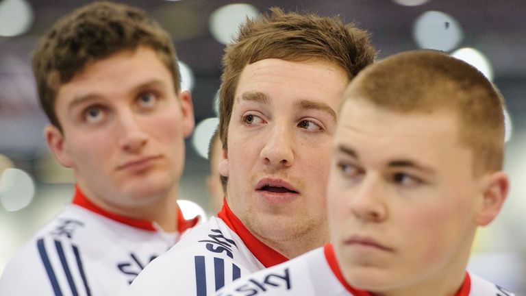 Lewis Oliva, centre, with sprints team-mates Callum Skinner, left, and John Paul, right