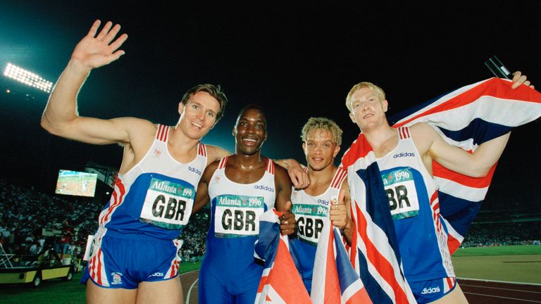 (L-R) Roger Black, Mark Richardson (both coached by Lester), Jamie Baulch and Iwan Thomas celebrate their silver medals in the 4x400m at the Olympics