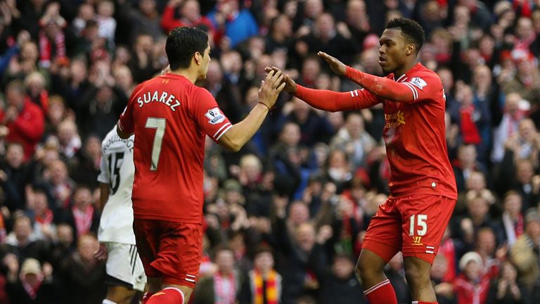 Daniel Sturridge: Celebrates with Luis Suarez after netting against Swansea