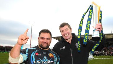 Exeter head coach Rob Baxter (right) and Hoani Tui celebrate with the trophy