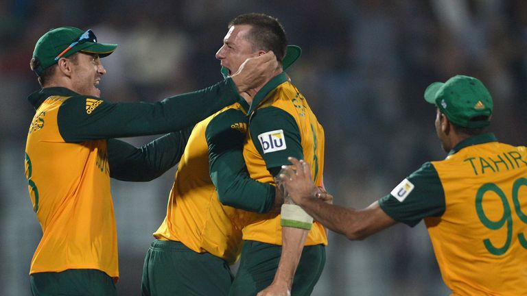 Dale Steyn celebrates during his fantastic final over that secured a thrilling win over New Zealand