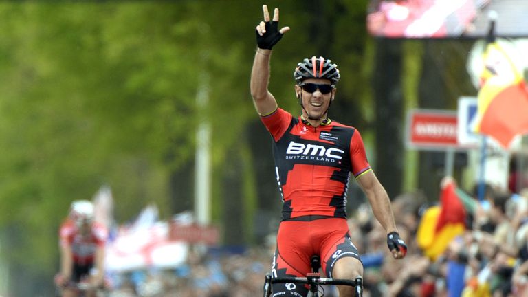 Philippe Gilbert celebrates his third Amstel Gold Race win