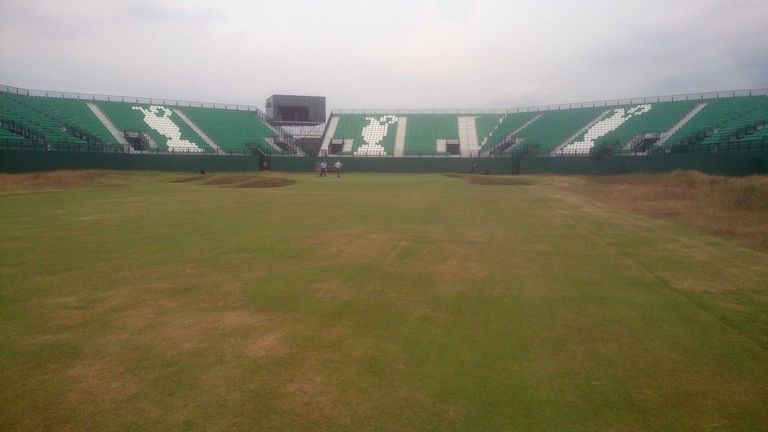 The horseshoe grandstand at the 18th hole at Royal Liverpool  provides a stunning finish