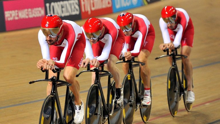 England's team pursuit riders practice at the Sir Chris Hoy Velodrome