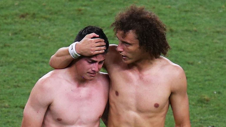 Impressive all-rounder: David Luiz (right) consoles James Rodriguez in a 'Lee-Flintoff' moment