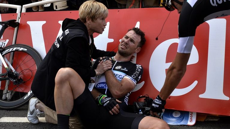 Cavendish lies injured after his tumble in Harrogate in 2014 