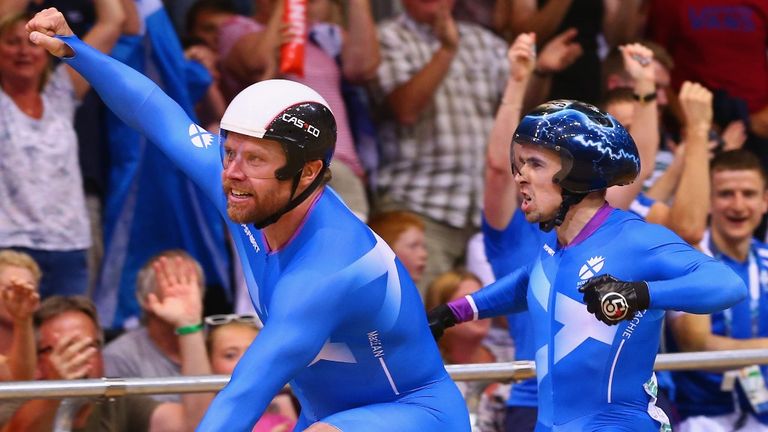 Neil Fachie and Craig MacLean celebrate winning their second gold medal of the Commonwealth Games
